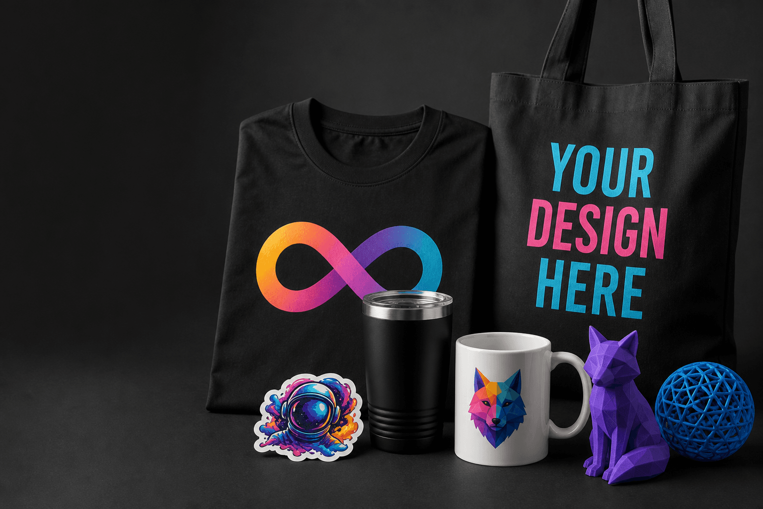 Custom printed apparel, drinkware, stickers, tote bags, and 3D printed creations